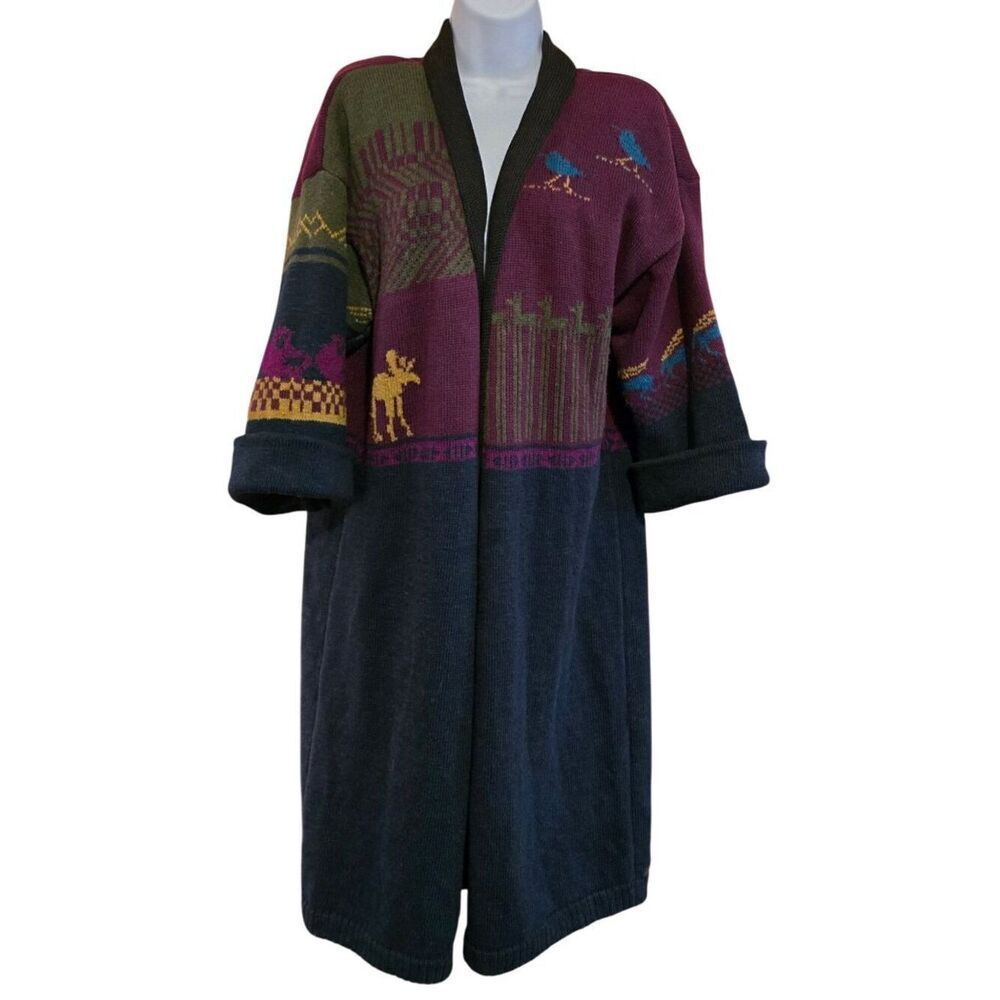 Colorful Birds & Moose Patterned Long Knit Sweater Cardigan ski warm winter